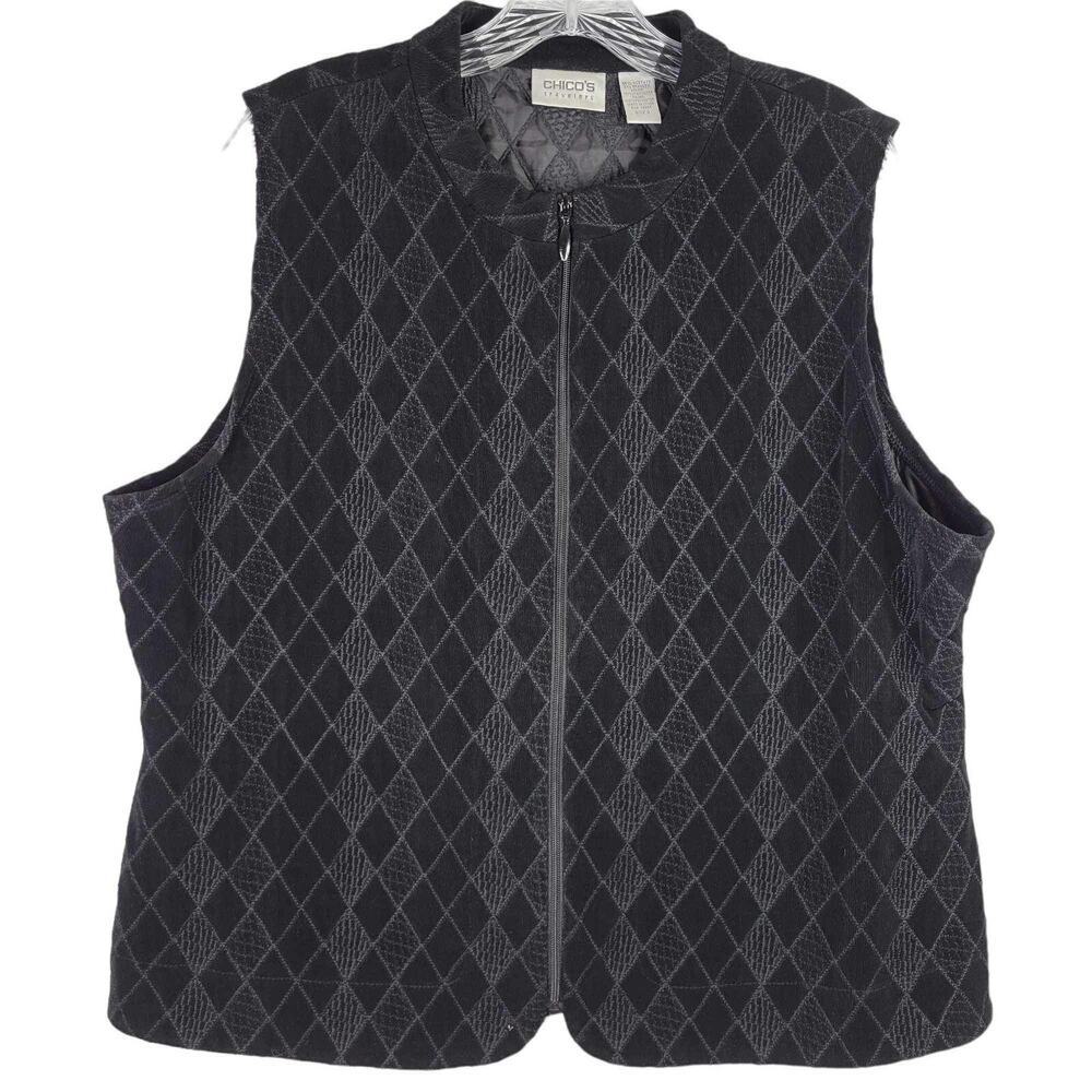 Chicos Travelers Vest Black Full Zip Women’s Size 3 XL Quilted Diamond
